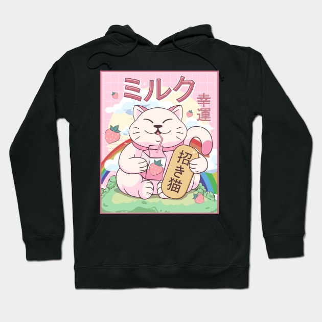 Kawaii Maneki Neko Cat Strawberry Milk Japanese Aesthetic Gift Hoodie by Alex21